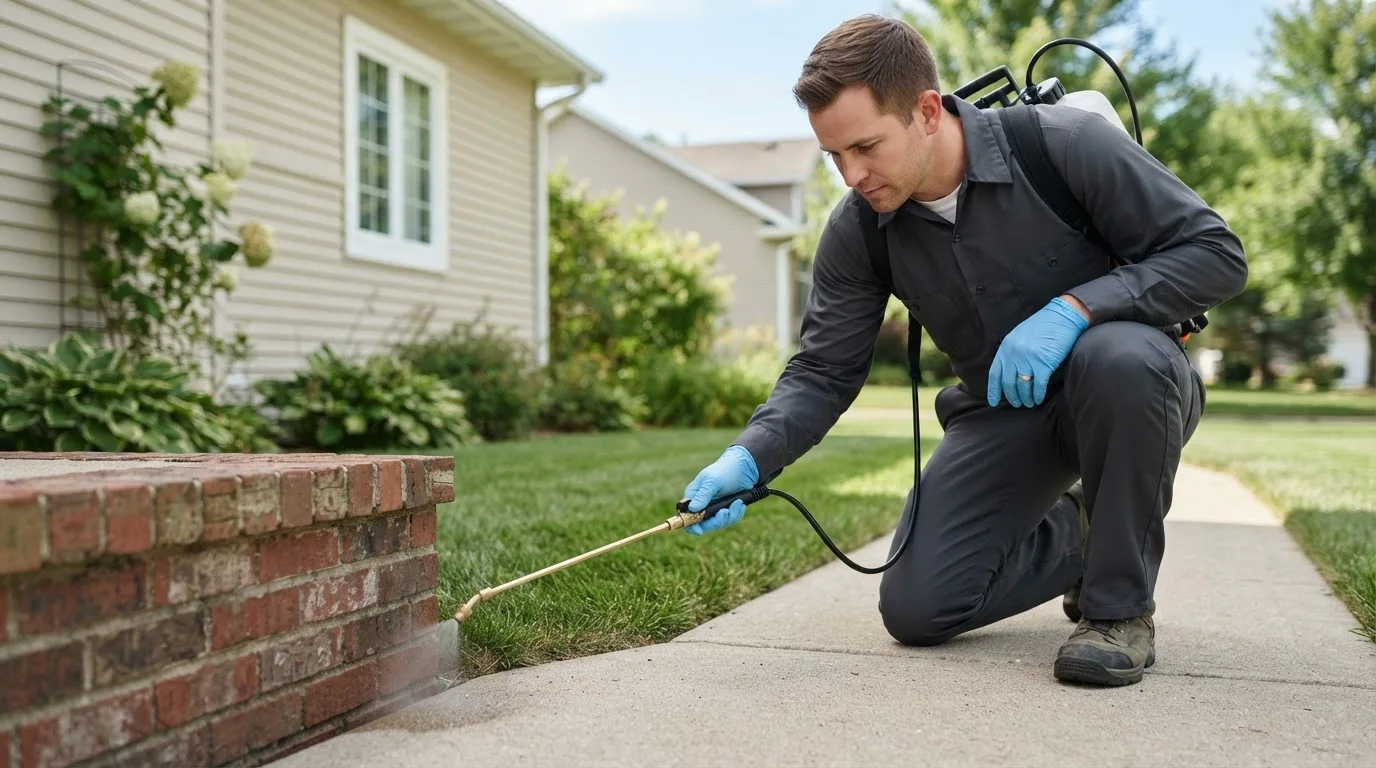Pest control technician treating a home near Hughes, AK