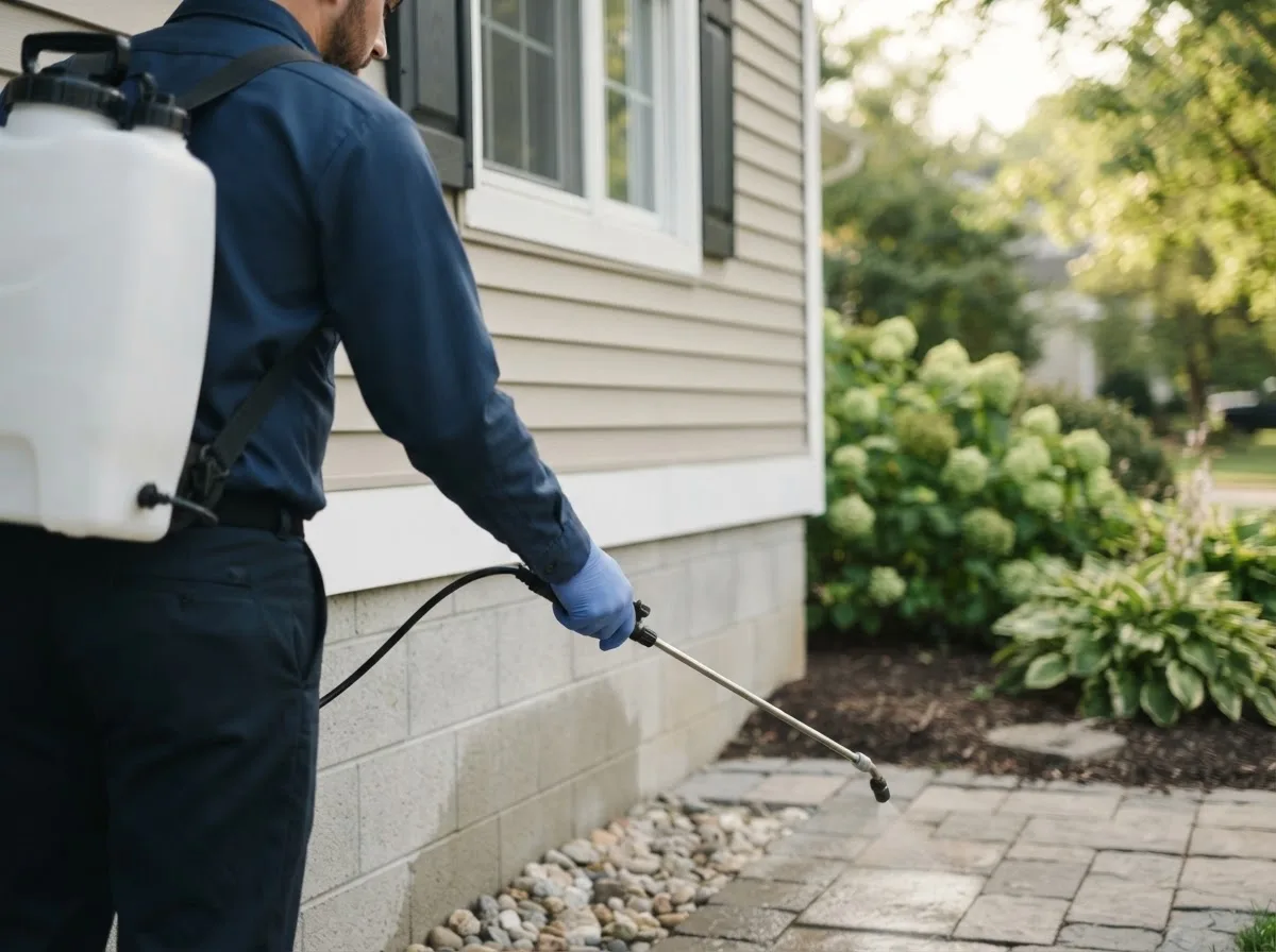 Pest control technician inspecting a home in Hughes, AK